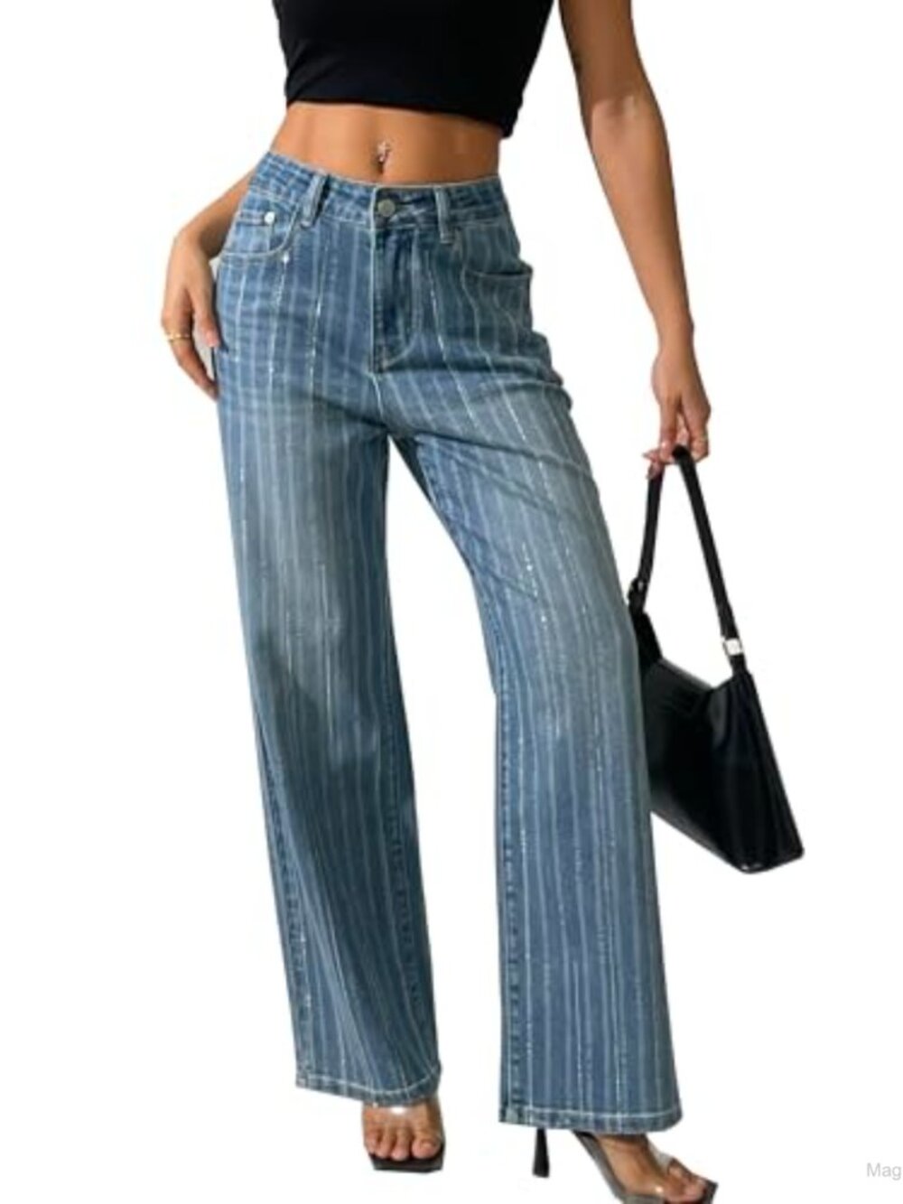 High Waist Wide Leg Rhinestone Embellished Jeans Stretch Denim Pants
